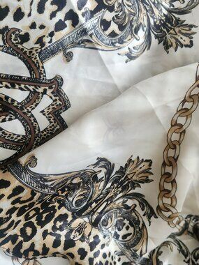WHITE Brown & Black LEOPARD Equestrian Poly-Silk 27” Square SCARF by ORNAMENTS